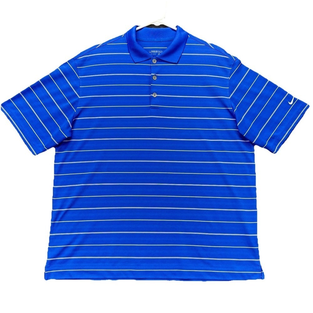 Nike Golf Polo Shirt Mens L Blue Striped Performance Short Sleeve Swoosh Dri Fit
